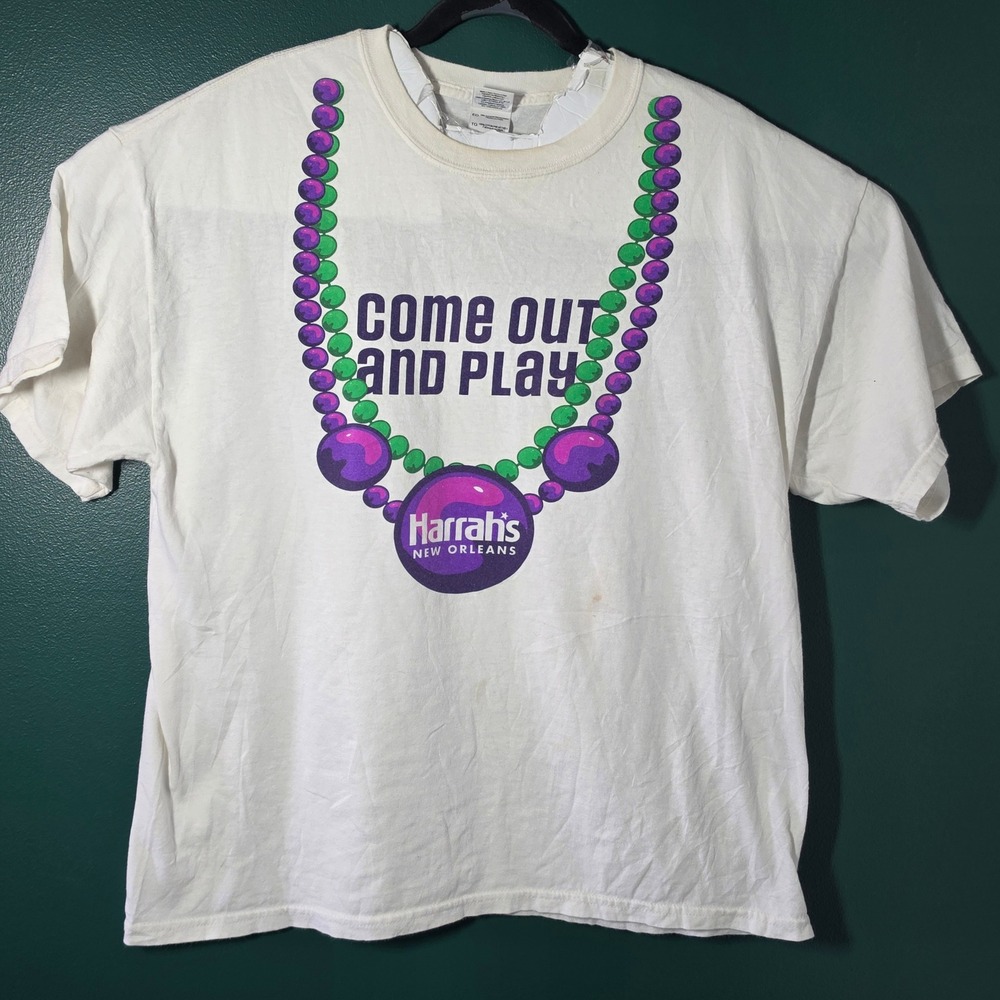 Harrahs New Orleans Come Out and Play Mardi Gras T-Shirt Mens XL White Gildan